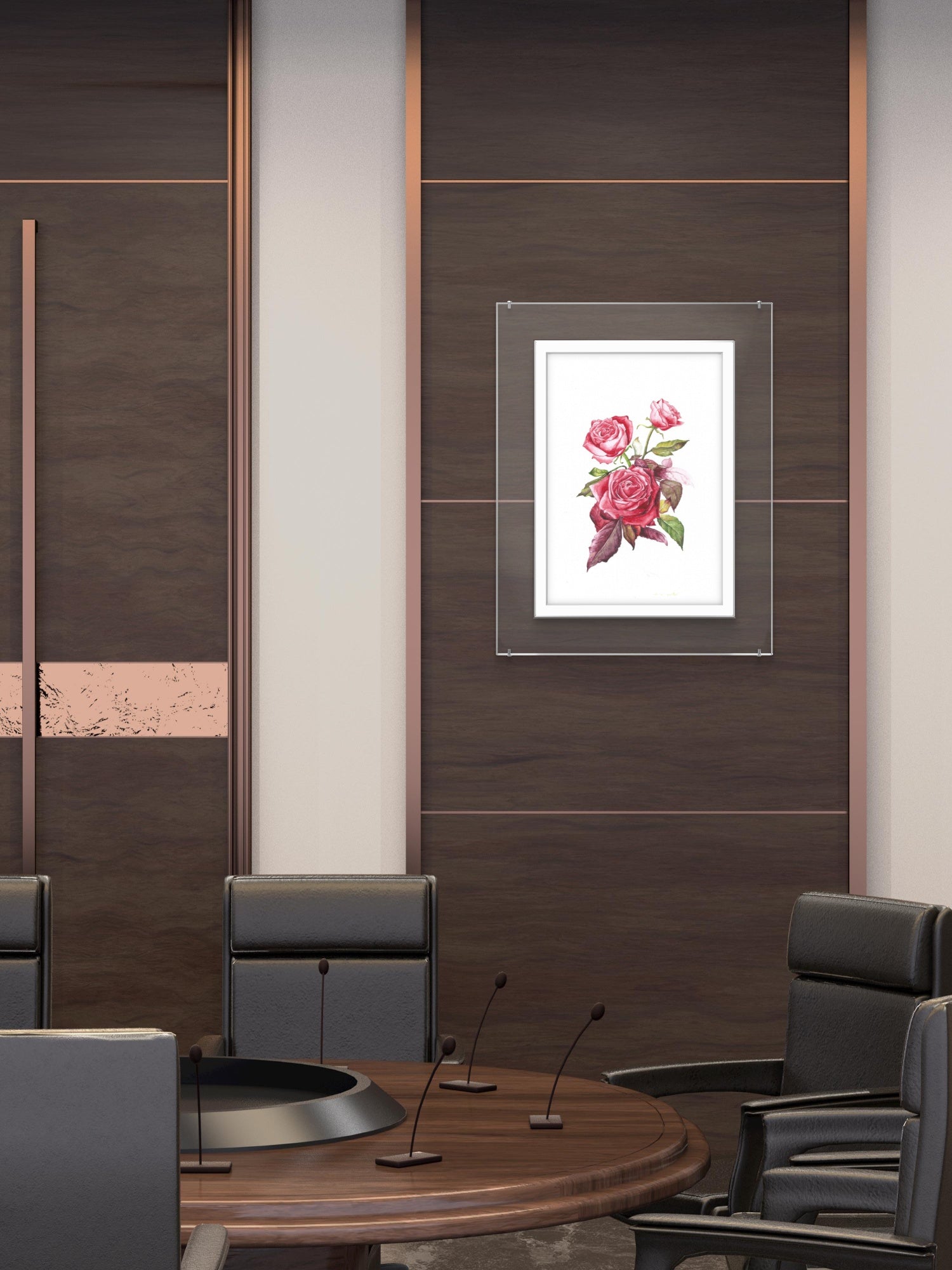 Conference room with a framed floral painting on the wall