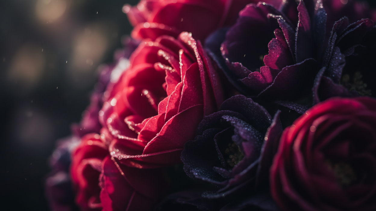 moody close up of cerice and purple florals